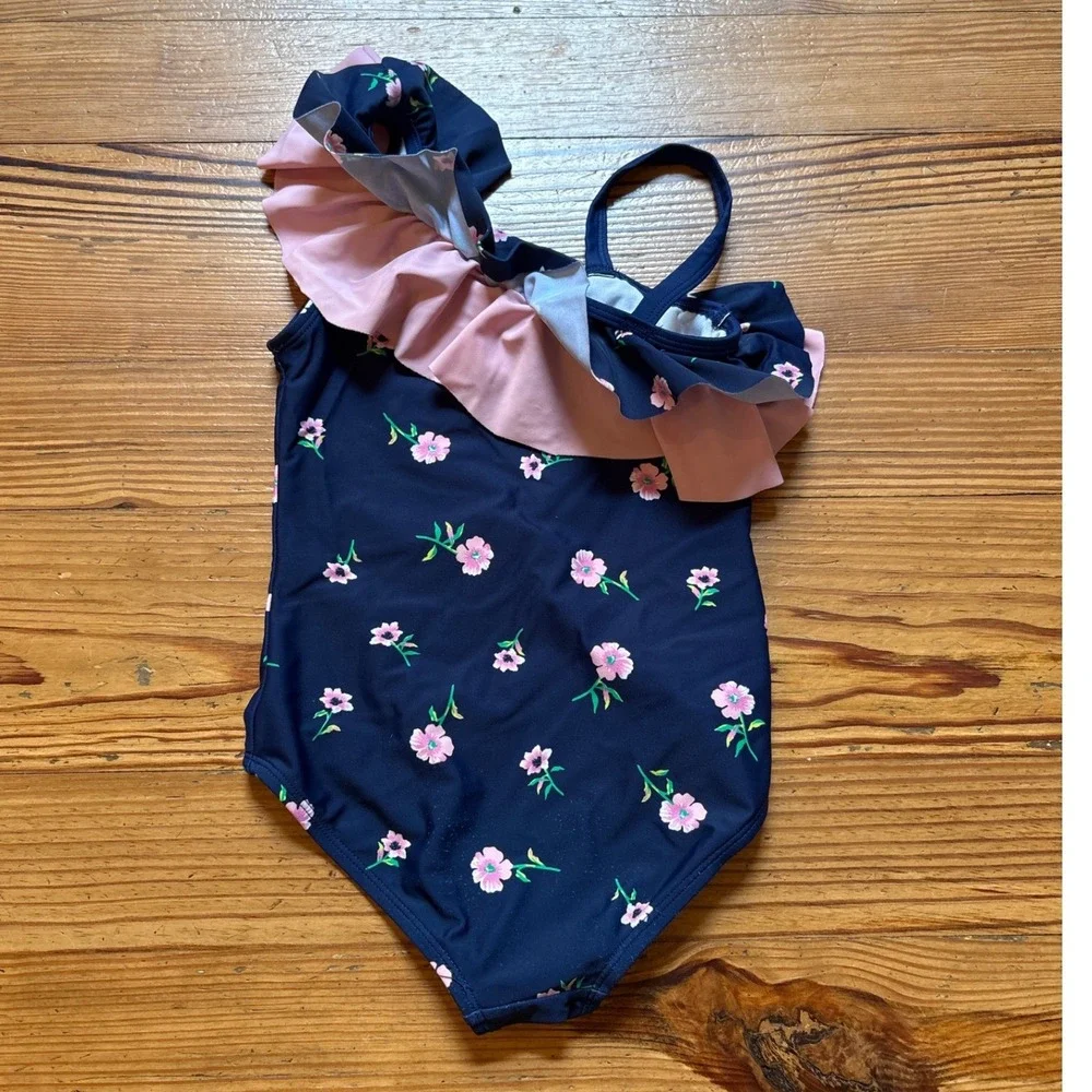 Kami Swimsuit Kids Navy Blue Excellent Floral One Shoulder Ruffle‎ SIZE 6